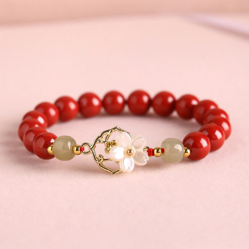 Pulsera de bendición de flores de piedra Tridacna con cuentas de jade cinabrio Natural de Buddha Stones
