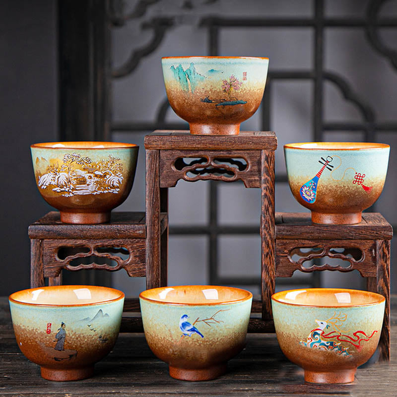 Buddha Stones, ciervo colorido, Pipa, nieve, flores de ciruelo, montañas, ríos, pájaro, taza de té de cerámica, tazón de té de Kung Fu