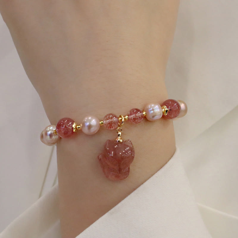 Pulsera con dije curativo de amor de zorro lindo de cuarzo fresa con Buddha Stones