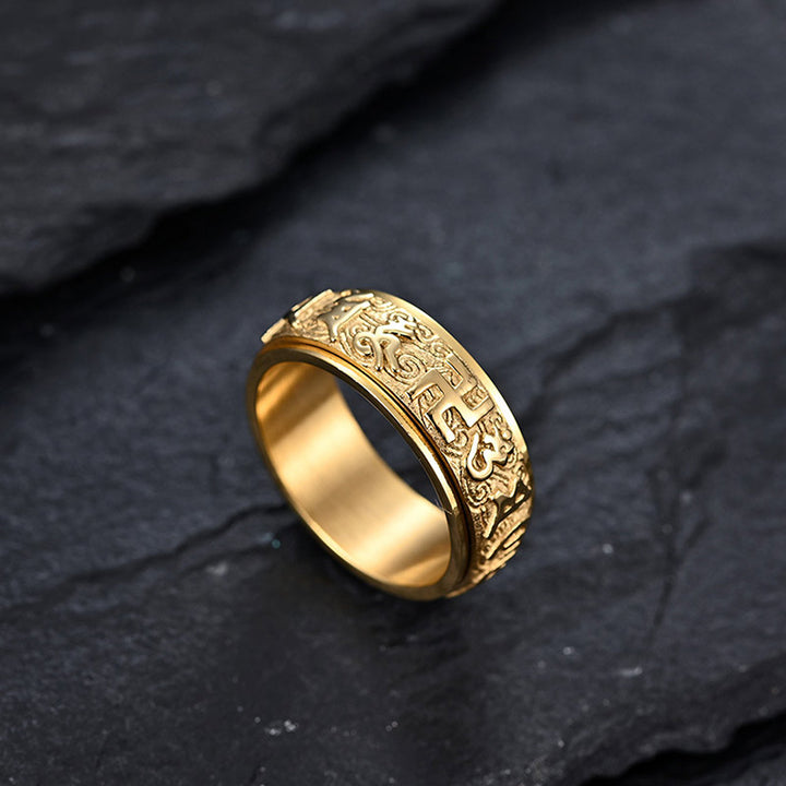 Anillo de acero de titanio con Buddha Stones, seis palabras verdaderas, equilibrio tranquilo