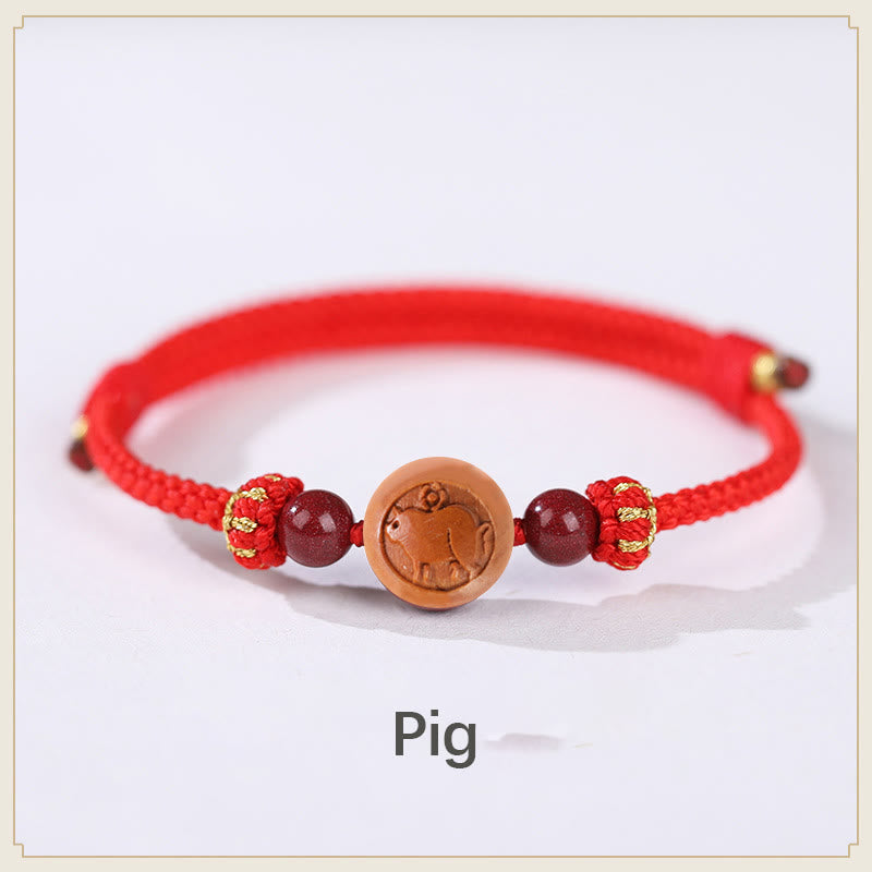 Pulsera de riqueza de cinabrio tallada con carácter del zodíaco chino, madera de melocotón Natural, Buddha Stones