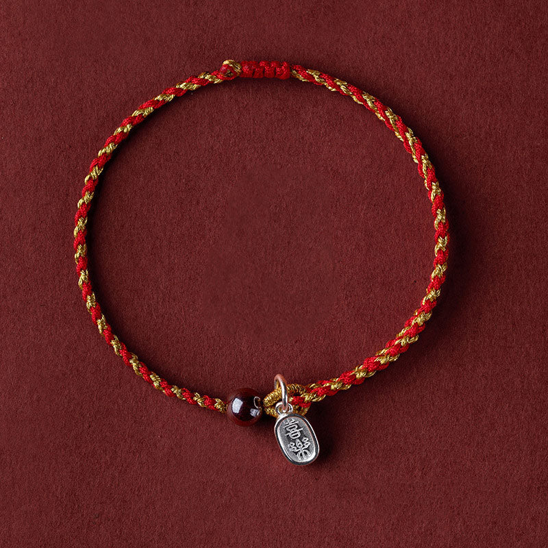 Pulsera trenzada con dije de paz y alegría de loto de cuerda de oro rojo hecha a mano con Buddha Stones