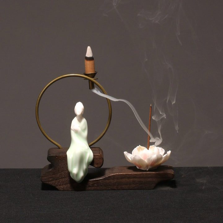 Quemador de incienso de meditación curativa de loto de cerámica con Buddha Stones , decoración