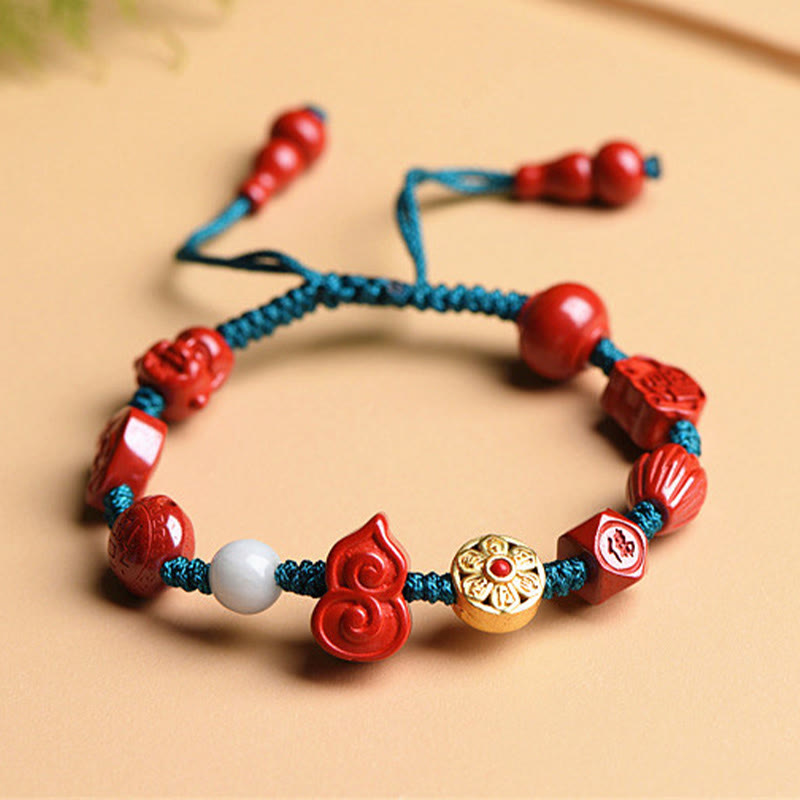 Pulsera de cuerda de bendición de Buda sonriente Om Mani Padme Hum de calabaza de cinabrio Natural