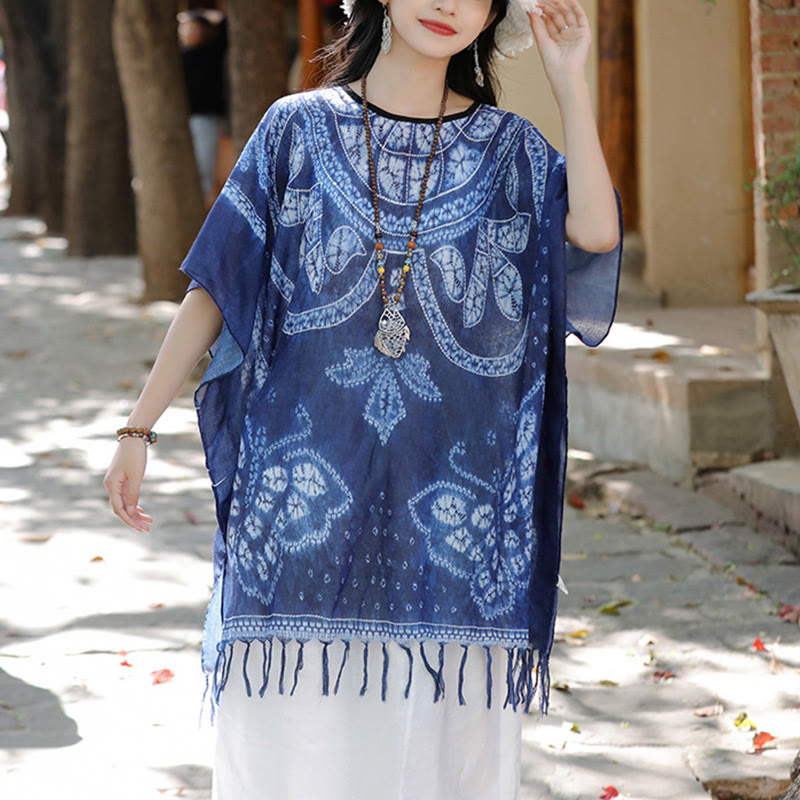 Jersey de viaje acogedor con borlas y chal teñido añil de mariposa azul con Buddha Stones 90*95cm