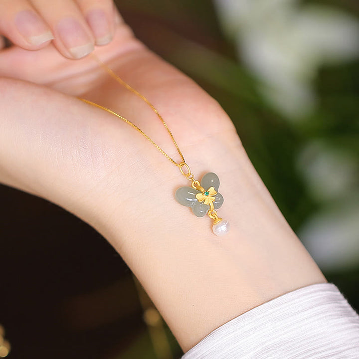 Collar con colgante de mariposa de Buda sonriente de la suerte, Jade cian Natural de Plata de Ley 925 - Perla mariposa - image 33