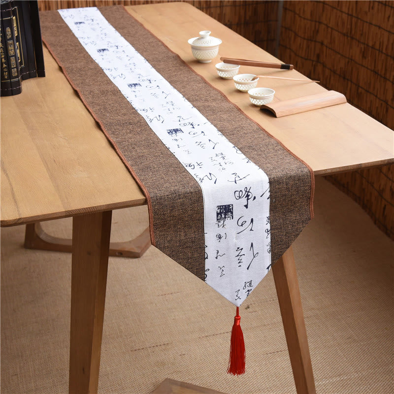 Camino de mesa con borlas de lino y algodón, Buddha Stones, estilo chino clásico, loto, pez Koi, flor, grulla, caligrafía, iluminación
