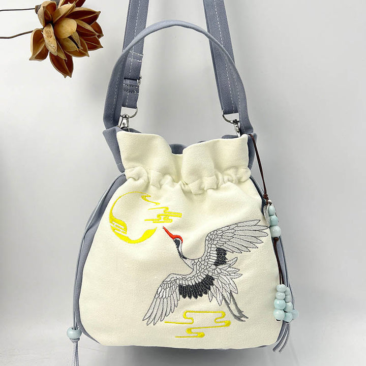 Bolso bandolera con Buddha Stones, bordado, mariposa, loto, magnolia, algodón y lino