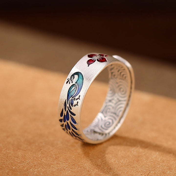 Anillo de plata de ley 999 con Buddha Stones , diseño de pavo real, nubes propicias, flor de loto grabada