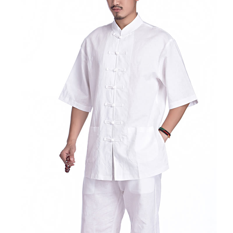 Conjunto de ropa de yoga para hombre con diseño de botón de rana china y Buddha Stones, de lino y algodón para meditación y oración - Blanco (Manga corta) - US/UK/AU44，EU54 (3XL) - image 21