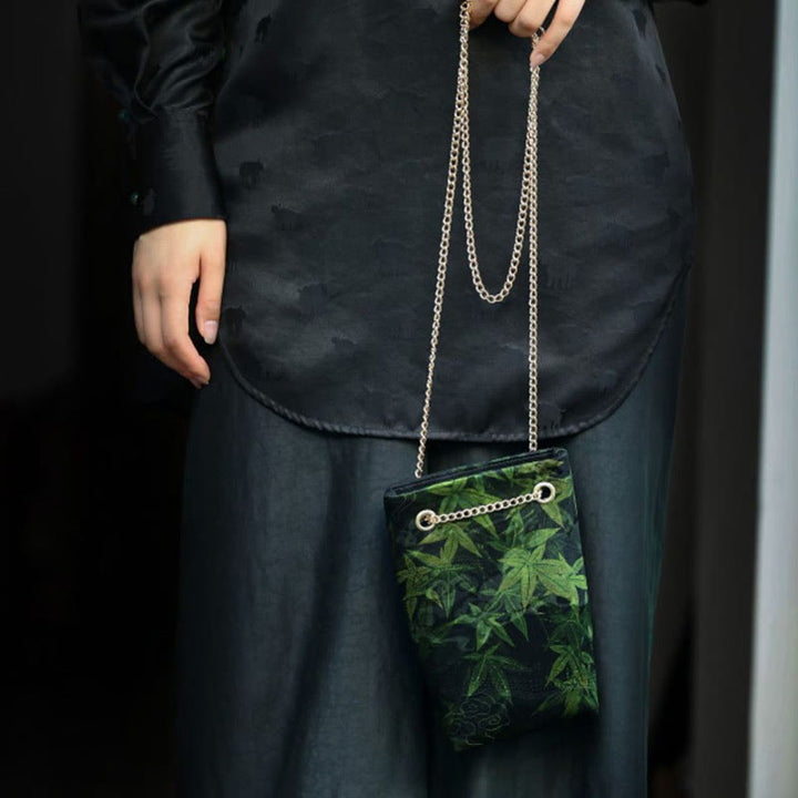 Bolso bandolera con cadena de metal caqui y hoja de arce pequeña con Buddha Stones , bolso de hombro, bolso para teléfono móvil