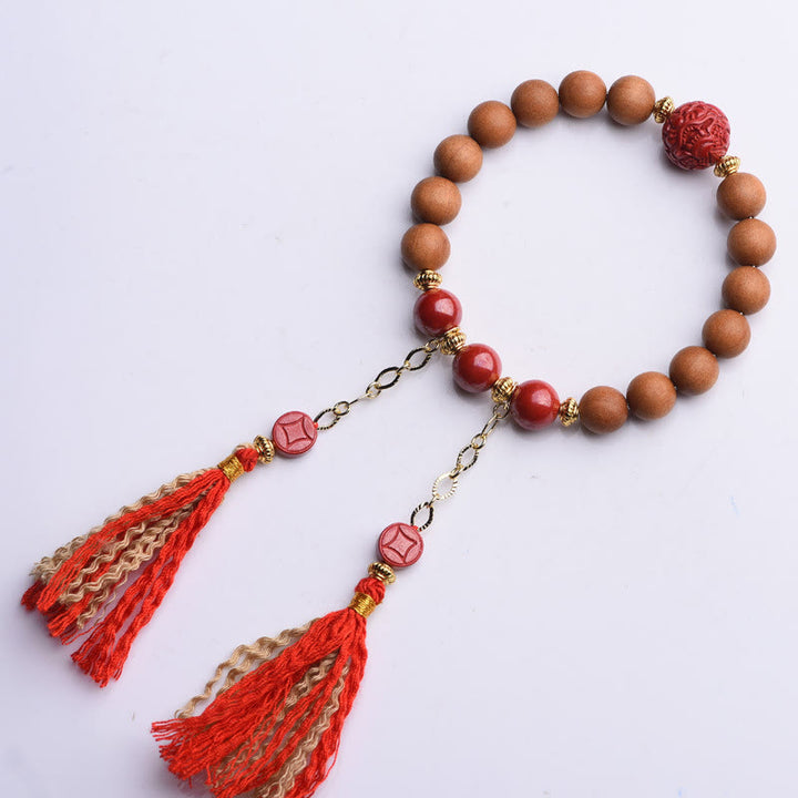 Pulsera de borlas de riqueza PiXiu de cinabrio de madera de melocotón Natural tibetana con Buddha Stones