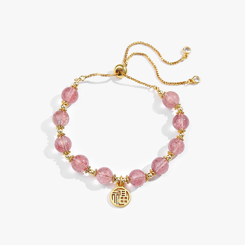 Pulsera con dije positivo de personaje Fu de cuarzo fresa natural chapado en oro de 14 quilates con Buddha Stones