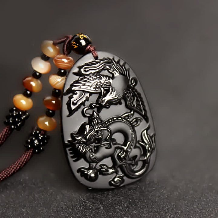 Colgante de collar con cuentas de protección de dragón y fénix de ojo de tigre de obsidiana negra