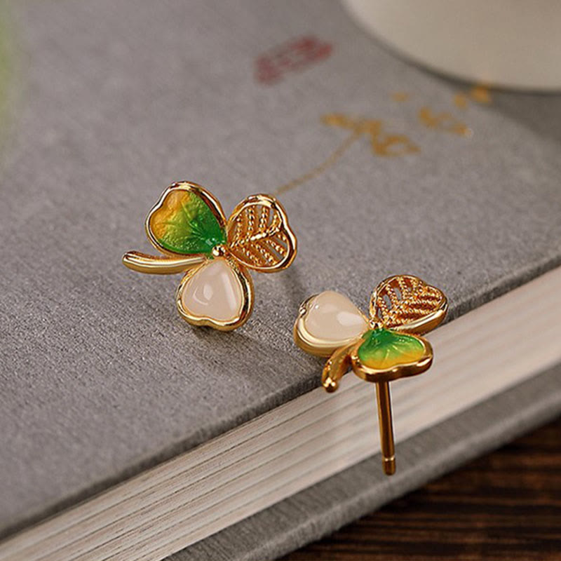 Pendientes con colgante de trébol de trébol de la suerte de jade hetiano chapado en plata de ley 925 con Buddha Stones
