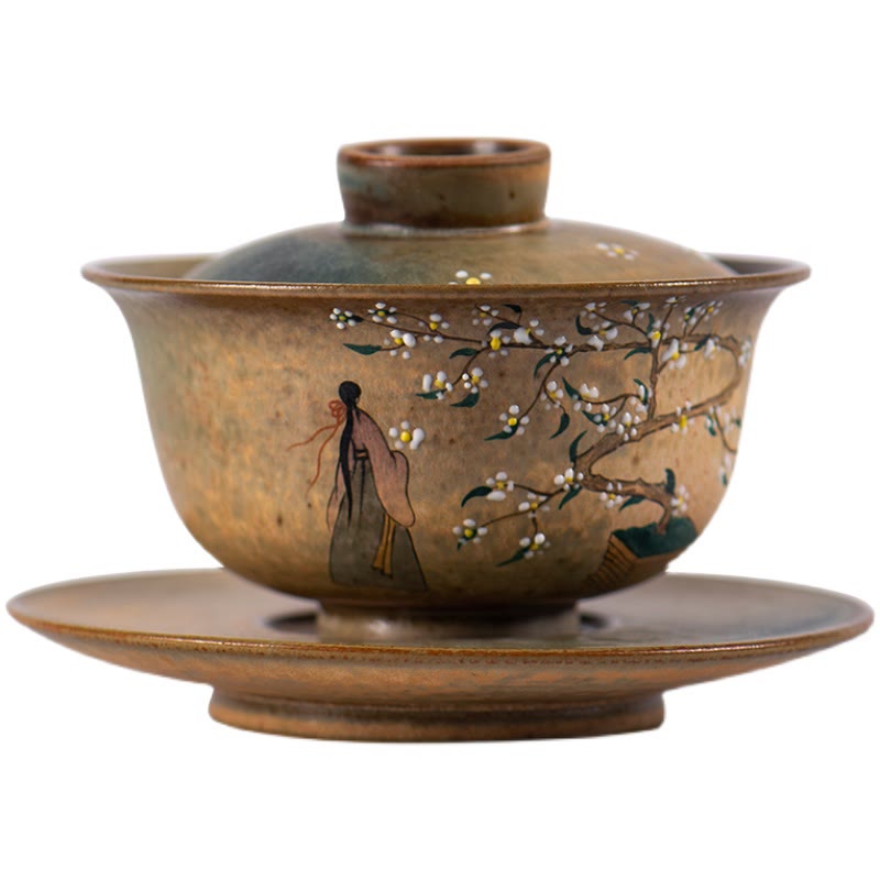 Buddha Stones Jingdezhen Pintado A Mano Ru Horno Porcelana Hanfu Niña Flor Cerámica Gaiwan Sancai Taza De Té Kung Fu Taza De Té Y Platillo Con Tapa