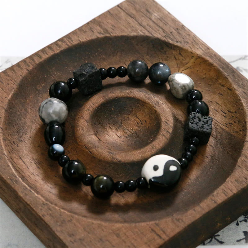 Pulsera de protección de la fortuna Yin Yang con cuentas de jaspe Picasso de ónix negro y Buddha Stones