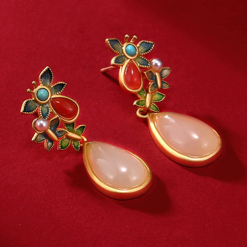 Pendientes colgantes con forma de gota de agua , Buddha Stones , Jade blanco, ágata roja, mariposa