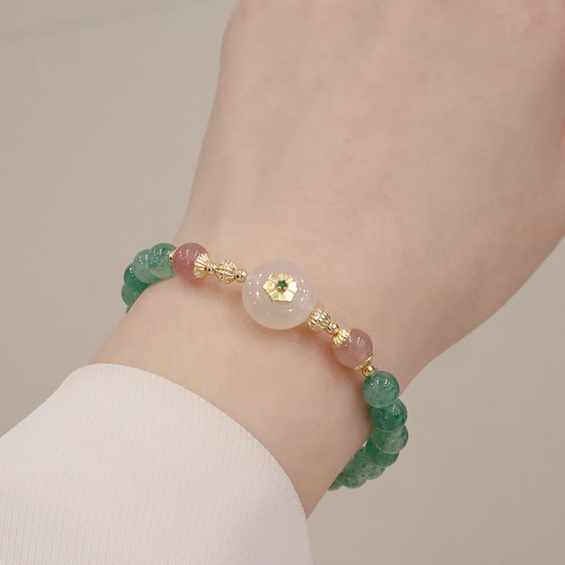 Pulsera de gratitud con flores de calcedonia, cuarzo, fresa, verde natural , Buddha Stones