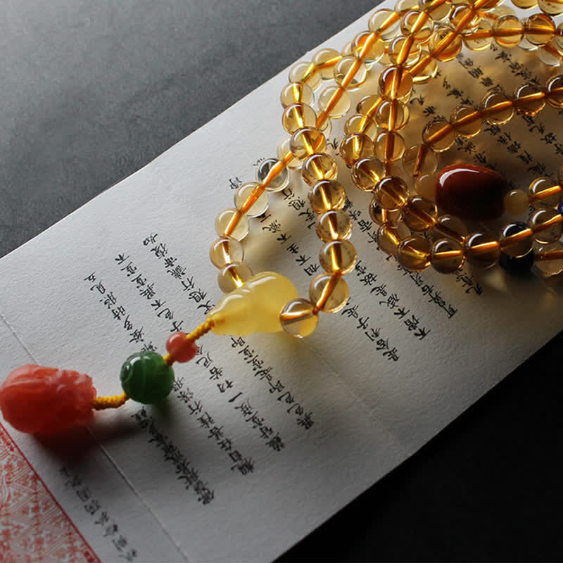 108 cuentas de Mala, citrino Natural, ámbar, hebilla de la paz, ágata roja, pulsera de protección PiXiu