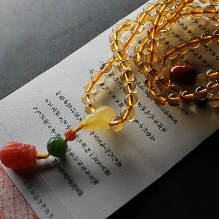 108 cuentas de Mala, citrino Natural, ámbar, hebilla de la paz, ágata roja, pulsera de protección PiXiu