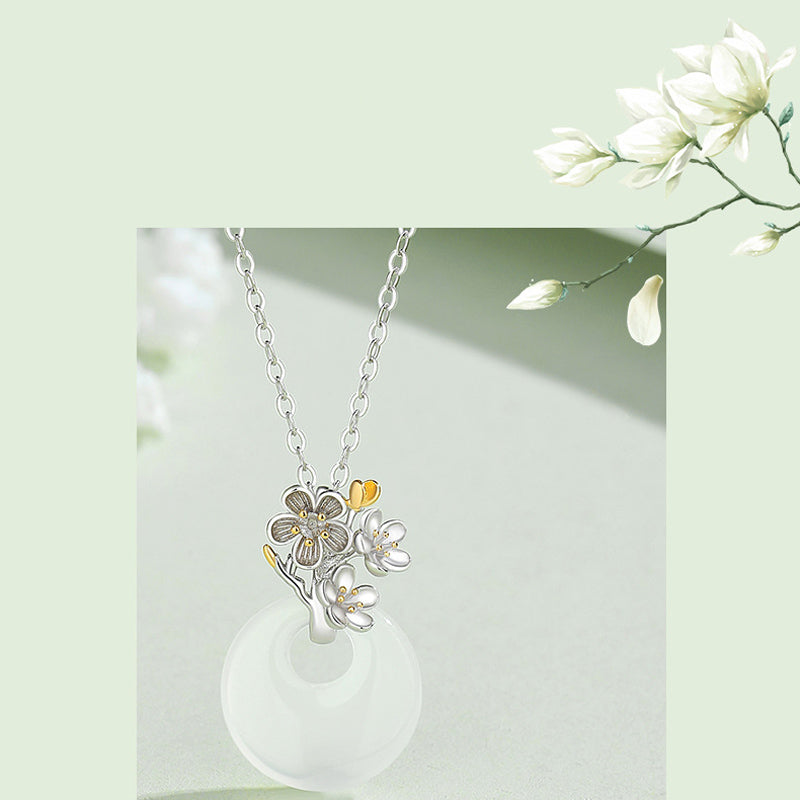 Colgante de collar de armonía de flores de doce meses de calcedonia redonda de plata de ley 925 con Buddha Stones