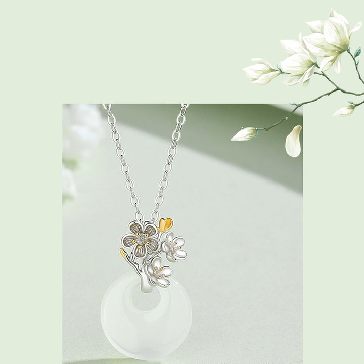 Colgante de collar de armonía de flores de doce meses de calcedonia redonda de plata de ley 925 con Buddha Stones
