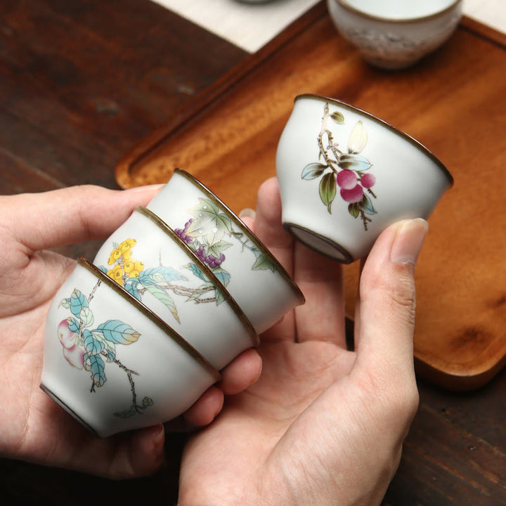 Taza de té de cerámica con Buddha Stones , níspero, lichi, paisaje nevado, uva, manzana, taza de té de Kung Fu