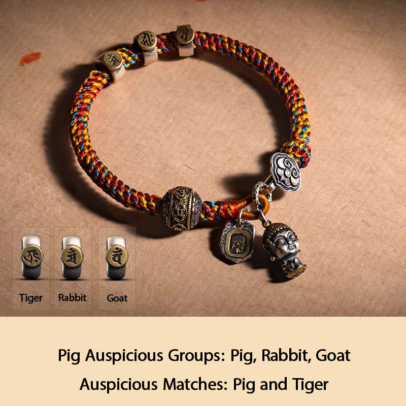 Buddha Stones hechas a mano tibetana de plata de ley 925, zodíaco chino, Buda natal Zakiram, diosa de la protección de la riqueza, pulsera trenzada de cuerda multicolor