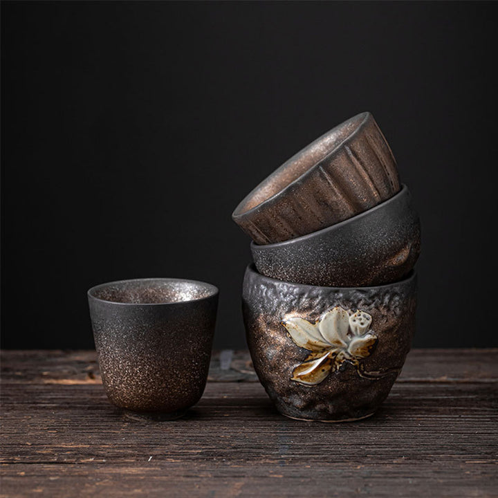 Taza de té de cerámica con Buddha Stones, hoja de vaina de loto, flor, nubes propicias, taza de té de Kung Fu