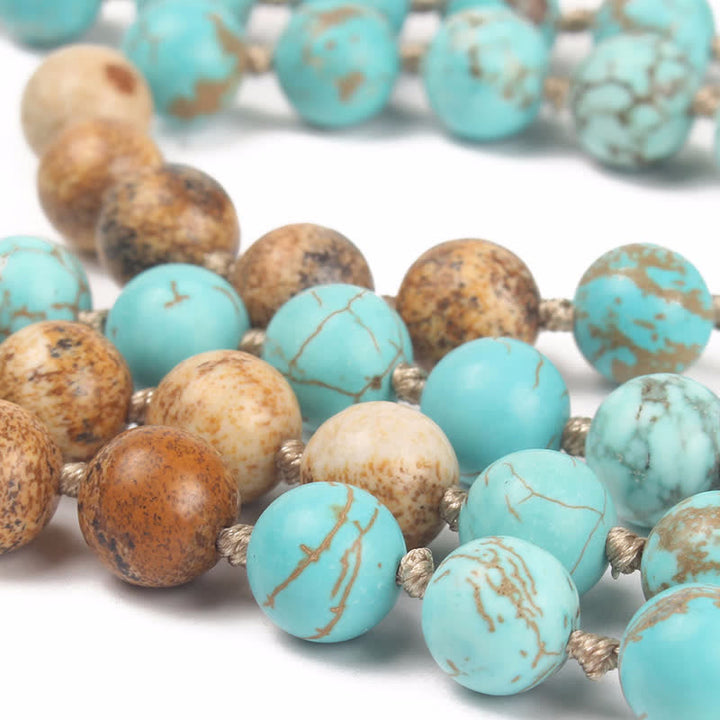 Pulsera con borlas de sabiduría de jaspe con imagen turquesa de 108 cuentas Mala