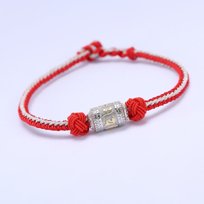 Pulsera de hilo rojo de plata de ley 925 con Buddha Stones Om Mani Padme Hum, rueda de oración, fuerza de la suerte