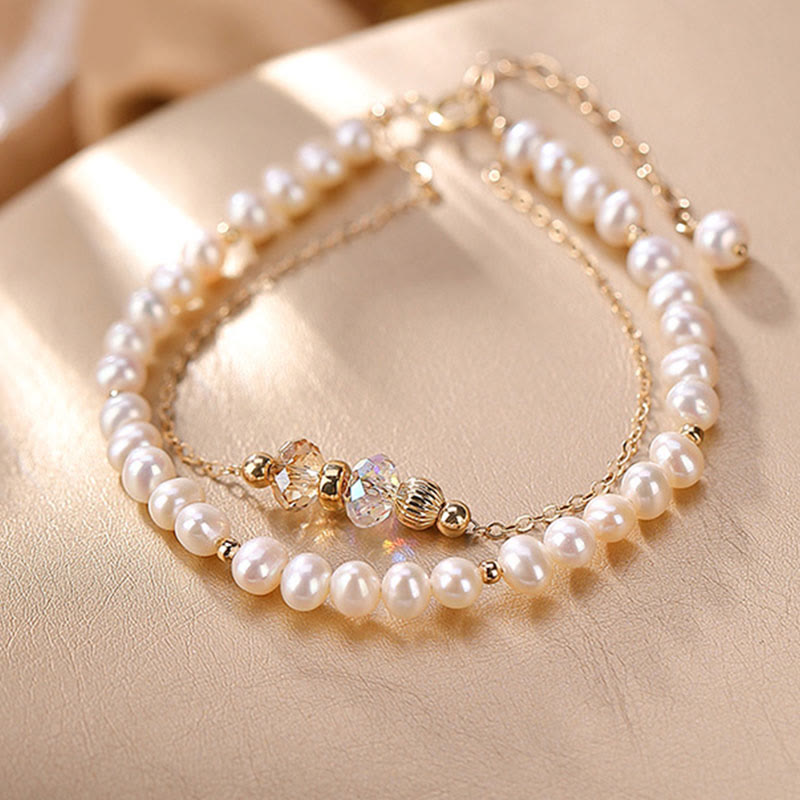 Pulsera de doble capa curativa con cristales de perlas naturales chapada en oro de 14 quilates de plata de ley 925 con Buddha Stones