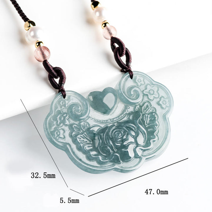 Buddha Stones Natural Jade Peonía Flor Candado de Buenos Deseos Prosperidad Collar Colgante