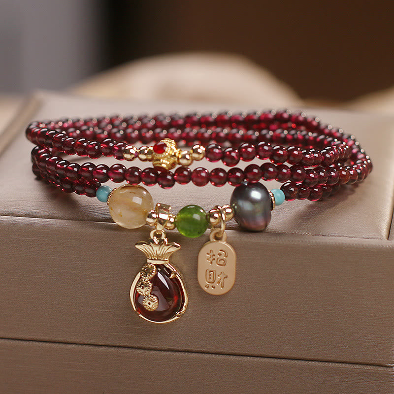 Buddha Stones de múltiples capas, granate Natural, Jade, moneda, bolsa de dinero, pulsera de protección de riqueza