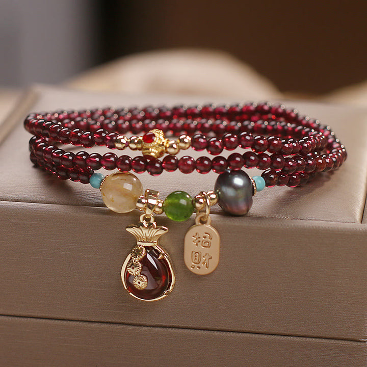 Buddha Stones de múltiples capas, granate Natural, Jade, moneda, bolsa de dinero, pulsera de protección de riqueza