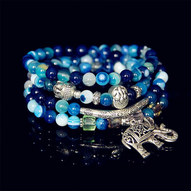 Buddha Stones Pulsera de ágata natural con forma de elefante y Buda de la esperanza - Ágata azul - image 0