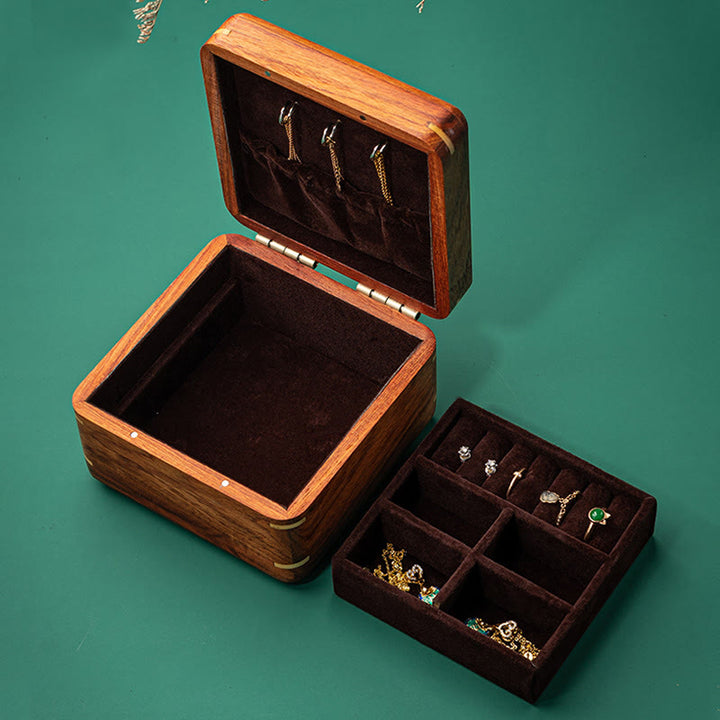 Caja organizadora de regalo de madera, caja de almacenamiento de joyería de palisandro hecha a mano con hoja de flor antigua