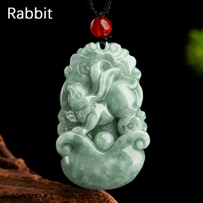 Buddha Stones Jade verde natural 12 Zodíaco chino Suerte Prosperidad Collar Colgante - Conejo - image 13
