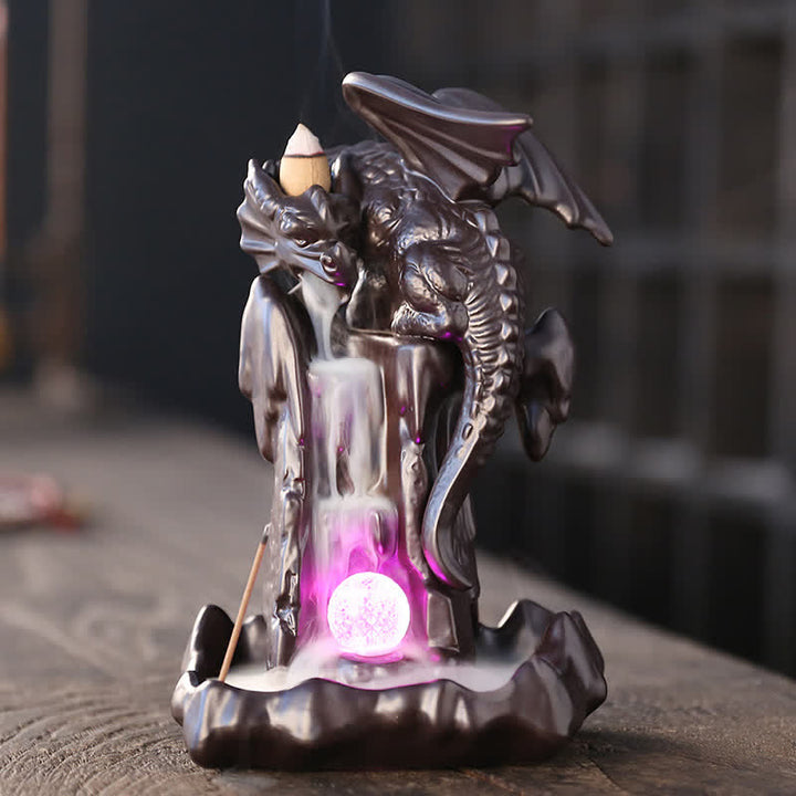 Quemador de incienso curativo para meditación, fuente de humo de reflujo de cerámica de dragón nórdico, decoración de bola Led
