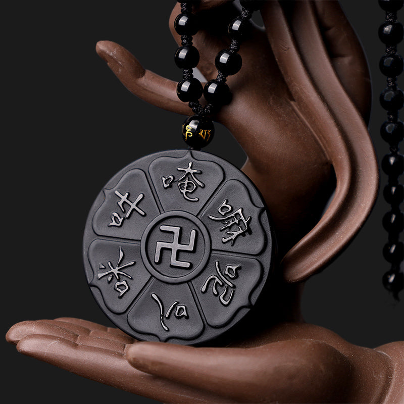 Buddha Stones, obsidiana negra Natural, Om Mani Padme Hum tibetano, colgante de collar de la suerte de la esvástica de Buda