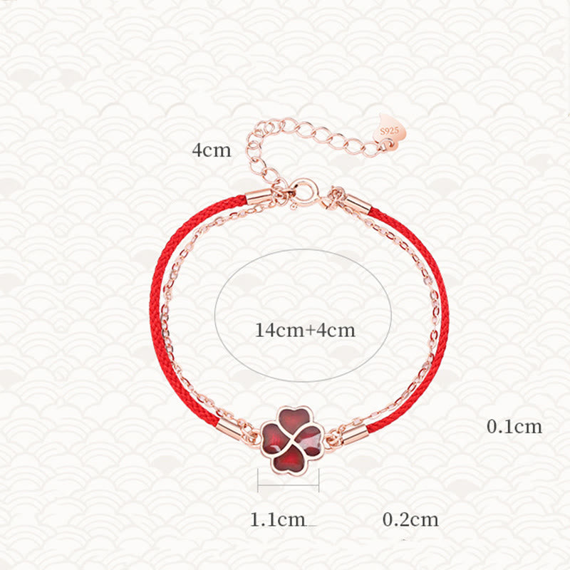 Pulsera de hilo rojo con protección de la suerte de trébol de cuatro hojas que cambia de color de plata de ley 925 con Buddha Stones