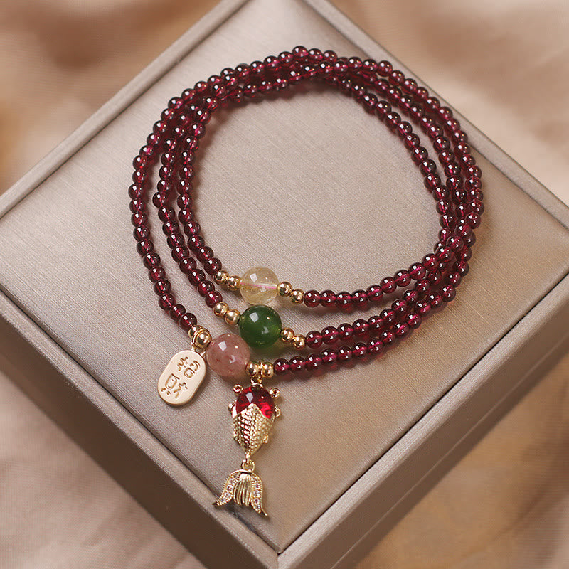 Pulsera de triple envoltura con Buddha Stones, granate Natural, fresa, cristal de cuarzo, zorro, pez Koi, hebilla de la paz, protección de la fortuna