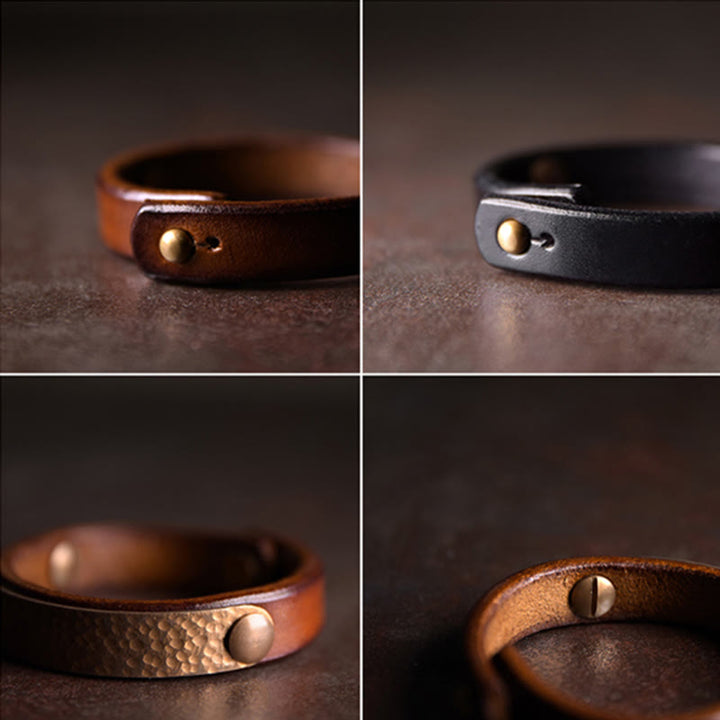 Brazalete de pulsera de cuero de cobre y latón con textura hecha a mano Vintage con Buddha Stones