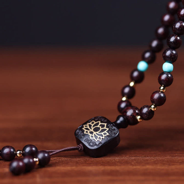 Buddha Stones 108 cuentas Mala tibetanas hoja pequeña sándalo rojo pulsera de equilibrio de loto