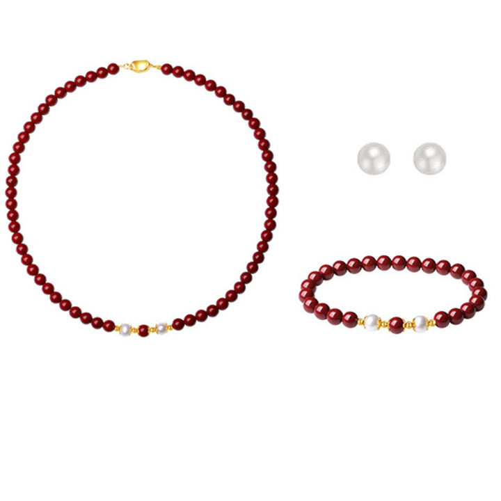 Juego de joyas de plata de ley 925 con Buddha Stones, perlas de cinabrio naturales, colgante, pulsera, pendientes