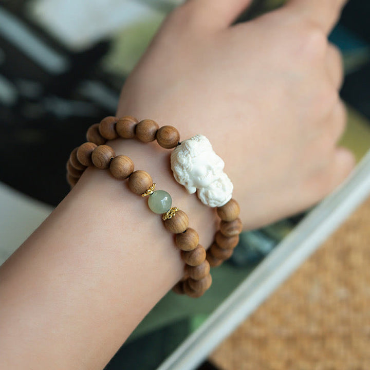 Pulsera de protección de tara verde con Buddha Stones , sándalo, jade hetiano, marfil, fruta