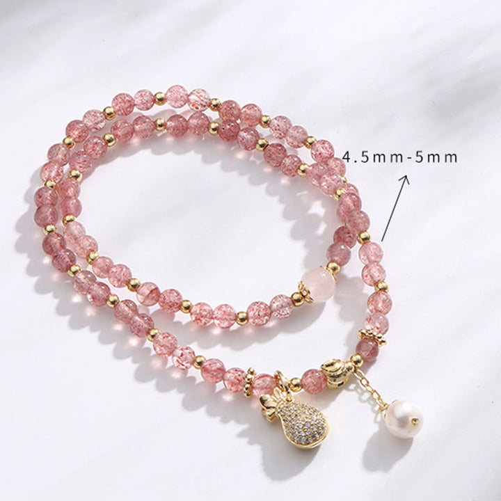 Pulsera de doble envoltura con dije positivo para bolsa de dinero de cuarzo fresa con Buddha Stones
