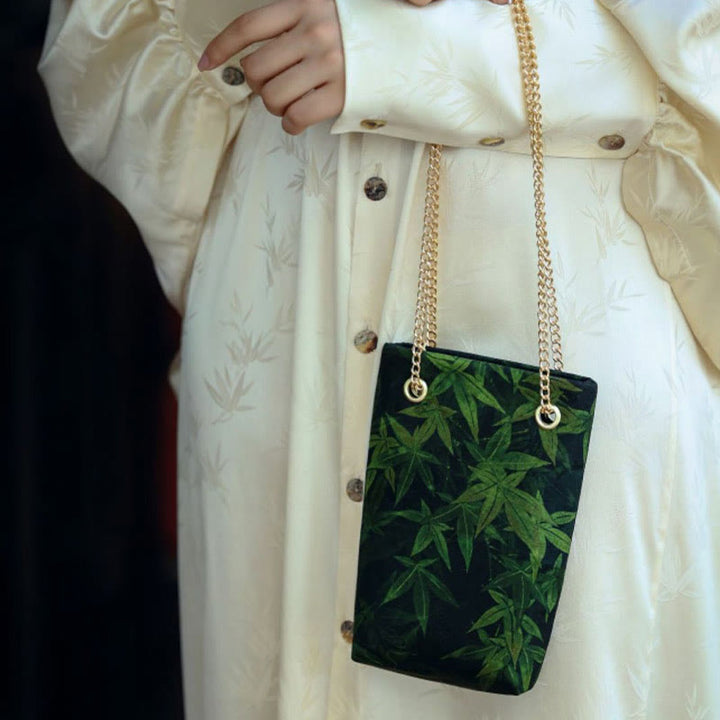 Bolso bandolera con cadena de metal caqui y hoja de arce pequeña con Buddha Stones , bolso de hombro, bolso para teléfono móvil