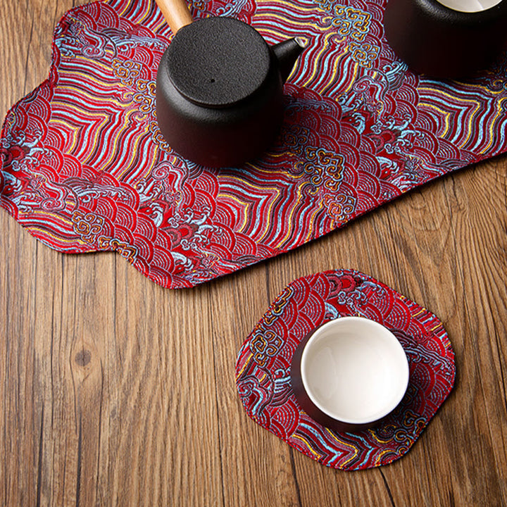 Tapete para taza con bordado de brocado de flor de ciruelo de bambú, posavasos para taza de té, Buddha Stones, ola de mar, tapete para té Kung Fu